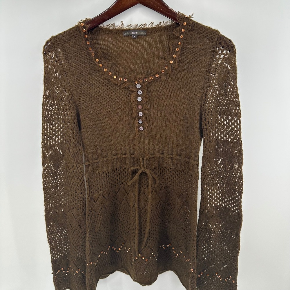 Hazel Y2K Mohair‎ Blend Boho Pointelle Knit Babydoll Tunic Sweater Fairycore M